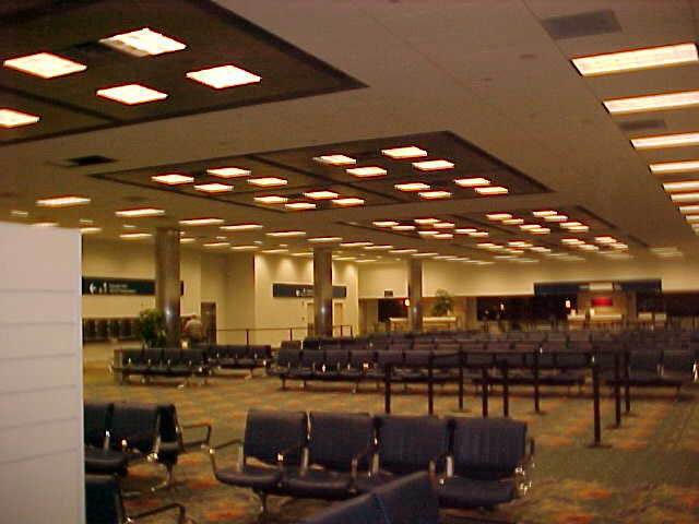 Completed ceiling installation in a large public concourse
