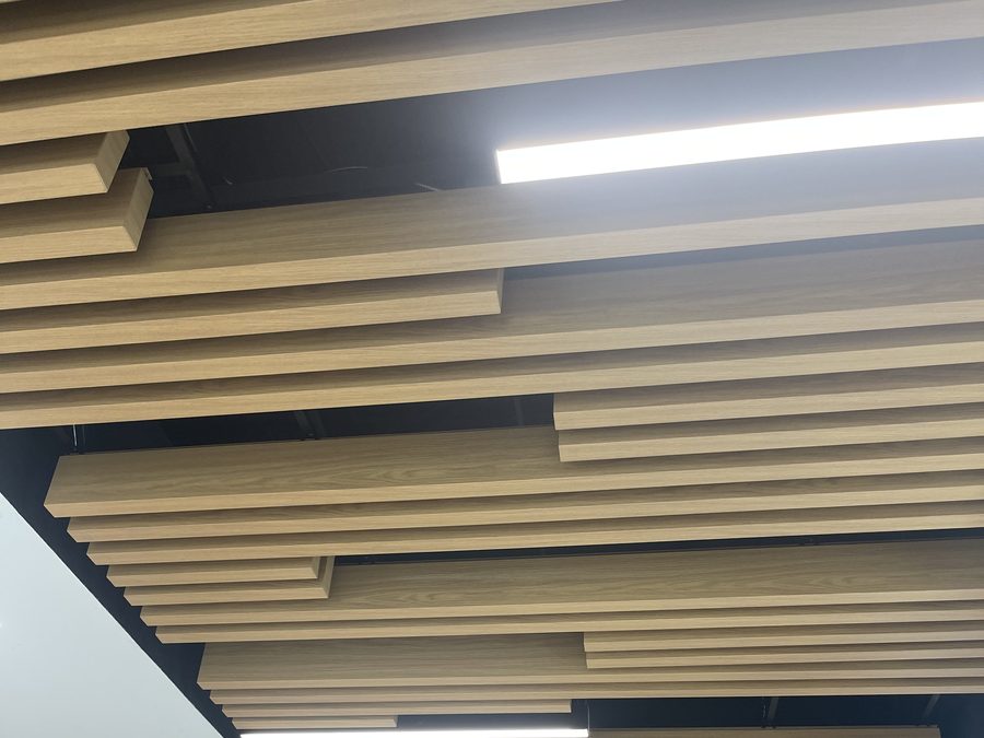 Curved linear wood ceiling feature