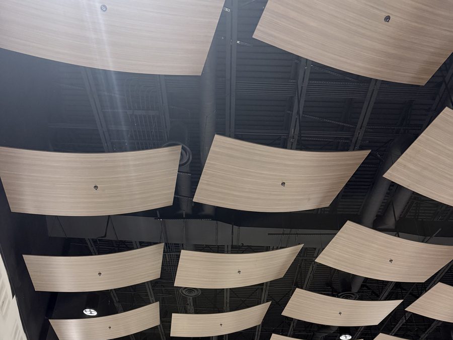 Curved wood-look acoustical panels across an open ceiling