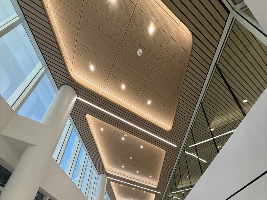 Illuminated ceiling panels in a modern atrium
