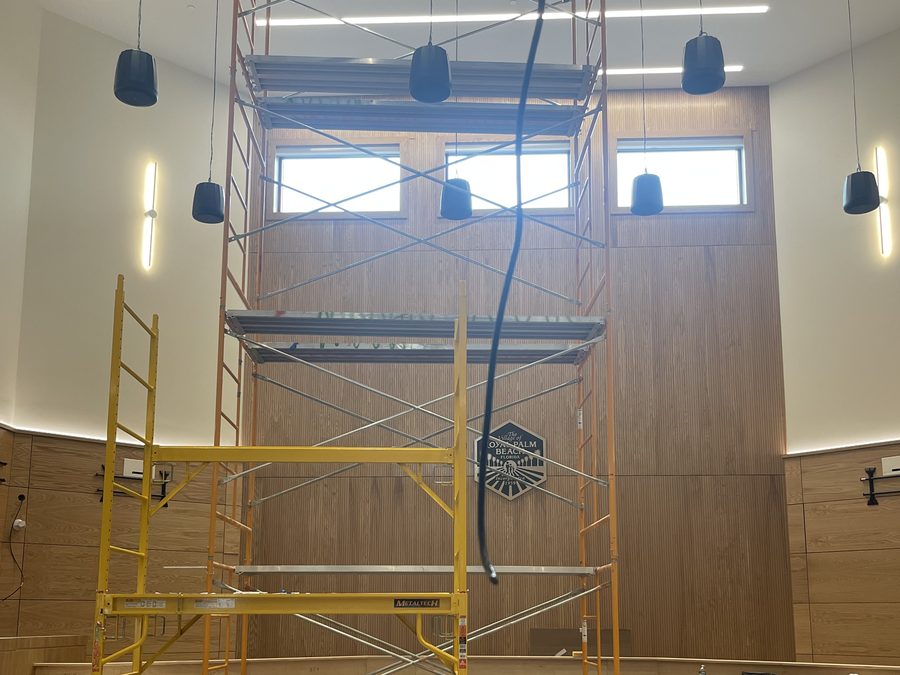 High wall panel installation with access scaffolding